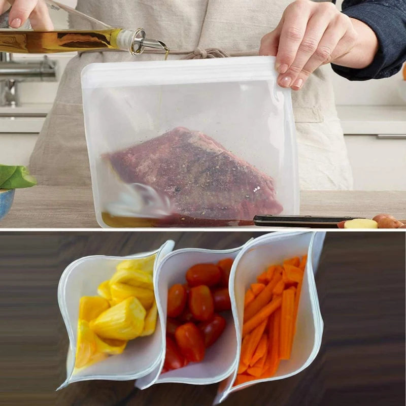 EcoNest Kitchen reusable silicone Ziplock bags (1/2/3/5 pcs), leakproof and BPA-free, ideal for storing meat, fruits, and veggies in a white transparent design."