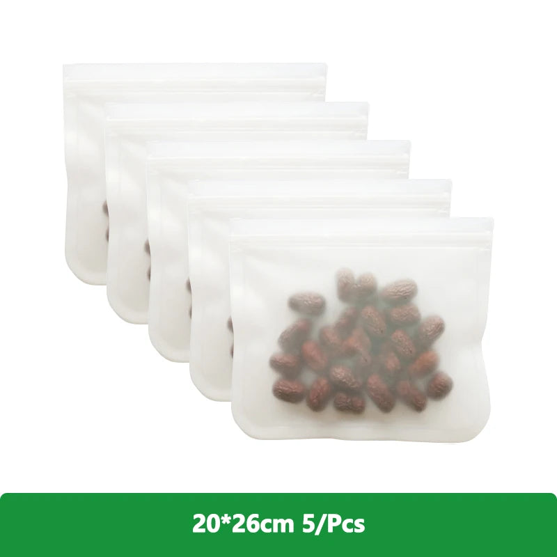 EcoNest Kitchen reusable silicone Ziplock bags (1/2/3/5 pcs), leakproof and BPA-free, ideal for storing meat, fruits, and veggies in a white transparent design."