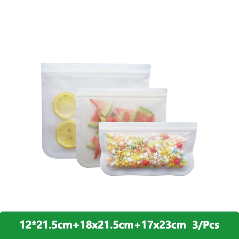 EcoNest Kitchen reusable silicone Ziplock bags (1/2/3/5 pcs), leakproof and BPA-free, ideal for storing meat, fruits, and veggies in a white transparent design."