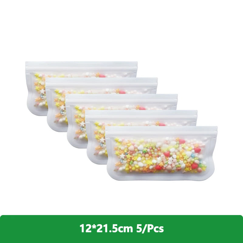 EcoNest Kitchen reusable silicone Ziplock bags (1/2/3/5 pcs), leakproof and BPA-free, ideal for storing meat, fruits, and veggies in a white transparent design."