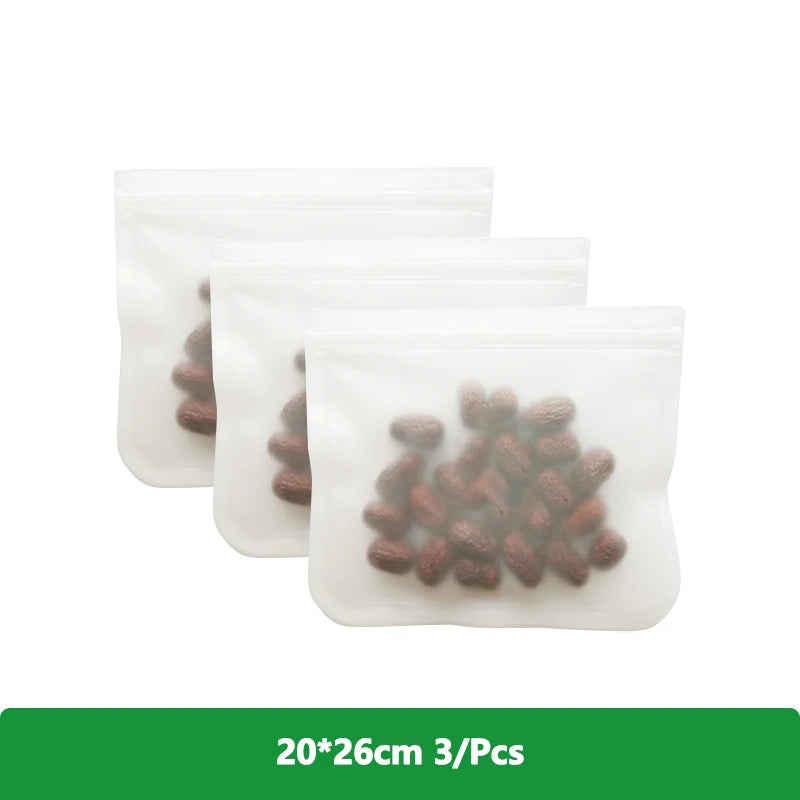 EcoNest Kitchen reusable silicone Ziplock bags (1/2/3/5 pcs), leakproof and BPA-free, ideal for storing meat, fruits, and veggies in a white transparent design."