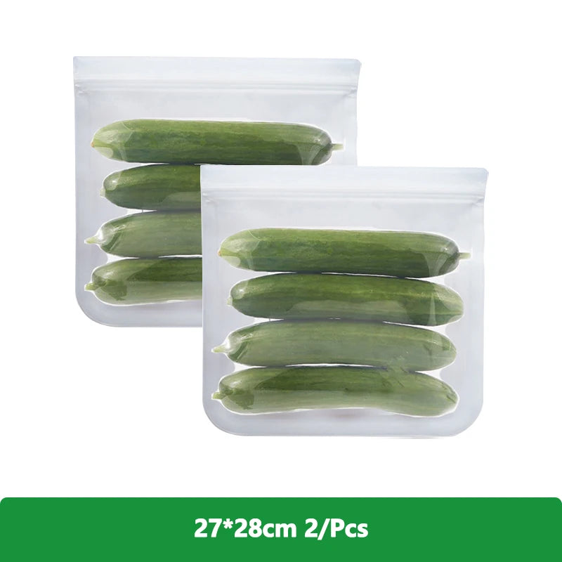 EcoNest Kitchen reusable silicone Ziplock bags (1/2/3/5 pcs), leakproof and BPA-free, ideal for storing meat, fruits, and veggies in a white transparent design."