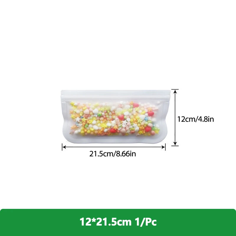 EcoNest Kitchen reusable silicone Ziplock bags (1/2/3/5 pcs), leakproof and BPA-free, ideal for storing meat, fruits, and veggies in a white transparent design."