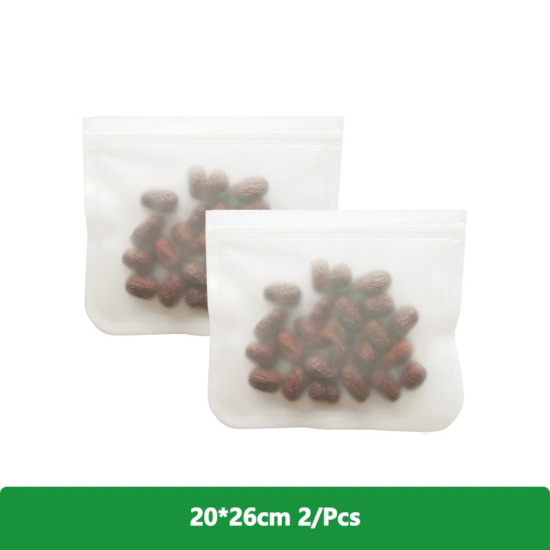 EcoNest Kitchen reusable silicone Ziplock bags (1/2/3/5 pcs), leakproof and BPA-free, ideal for storing meat, fruits, and veggies in a white transparent design."