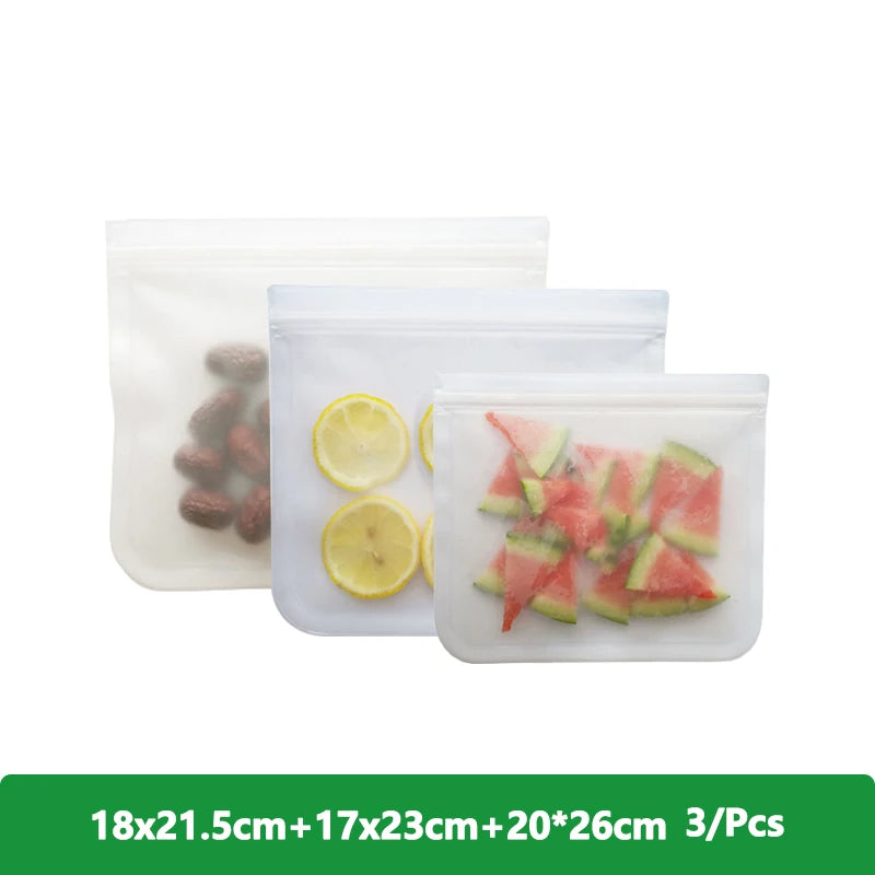 EcoNest Kitchen reusable silicone Ziplock bags (1/2/3/5 pcs), leakproof and BPA-free, ideal for storing meat, fruits, and veggies in a white transparent design."