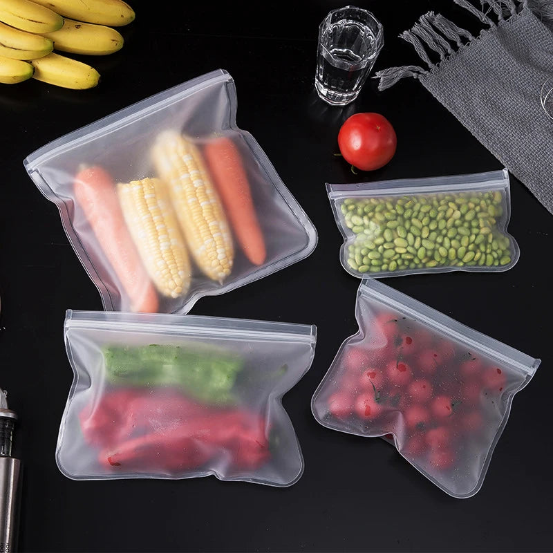 EcoNest Kitchen reusable silicone Ziplock bags (1/2/3/5 pcs), leakproof and BPA-free, ideal for storing meat, fruits, and veggies in a white transparent design."