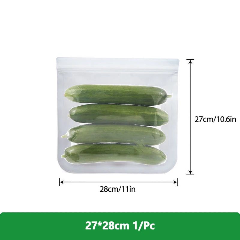 EcoNest Kitchen reusable silicone Ziplock bags (1/2/3/5 pcs), leakproof and BPA-free, ideal for storing meat, fruits, and veggies in a white transparent design."