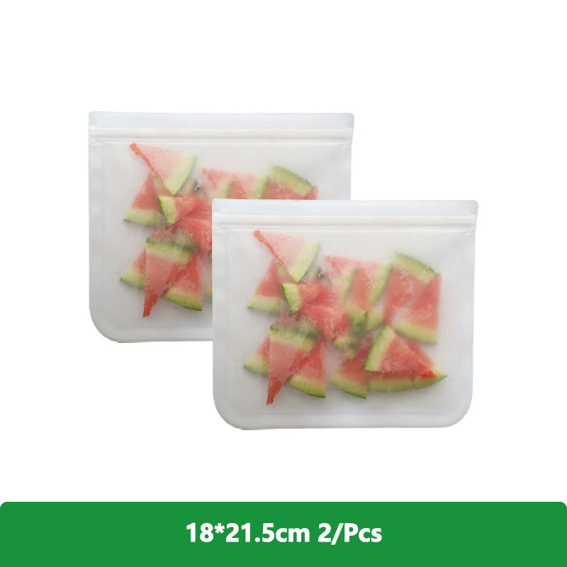 EcoNest Kitchen reusable silicone Ziplock bags (1/2/3/5 pcs), leakproof and BPA-free, ideal for storing meat, fruits, and veggies in a white transparent design."