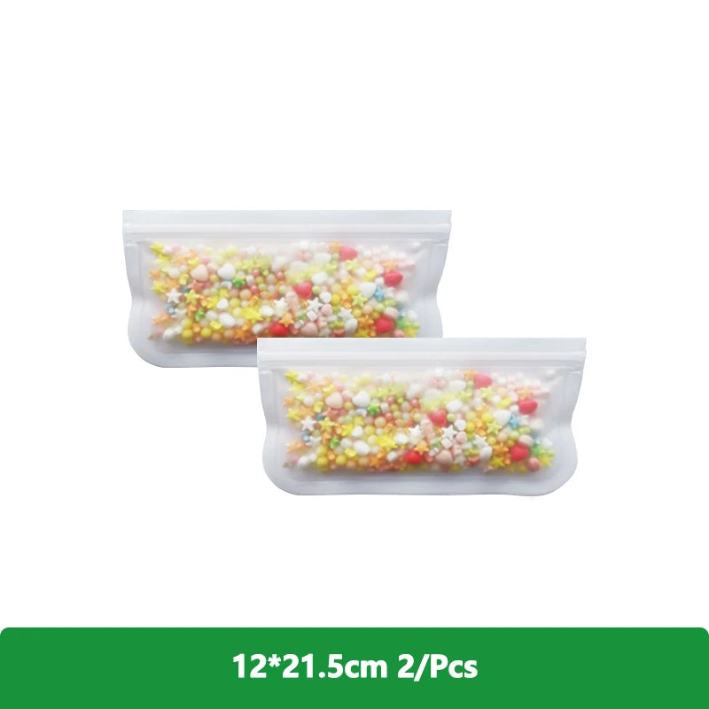 EcoNest Kitchen reusable silicone Ziplock bags (1/2/3/5 pcs), leakproof and BPA-free, ideal for storing meat, fruits, and veggies in a white transparent design."