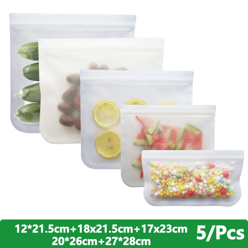 EcoNest Kitchen reusable silicone Ziplock bags (1/2/3/5 pcs), leakproof and BPA-free, ideal for storing meat, fruits, and veggies in a white transparent design."