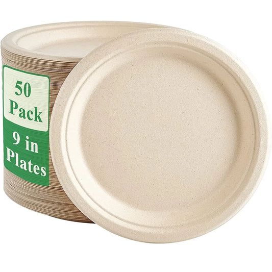 EcoNest Kitchen Compostable Plates: 50-pack of 9-inch and 7-inch biodegradable sugarcane plates, eco-friendly and perfect for sustainable dining