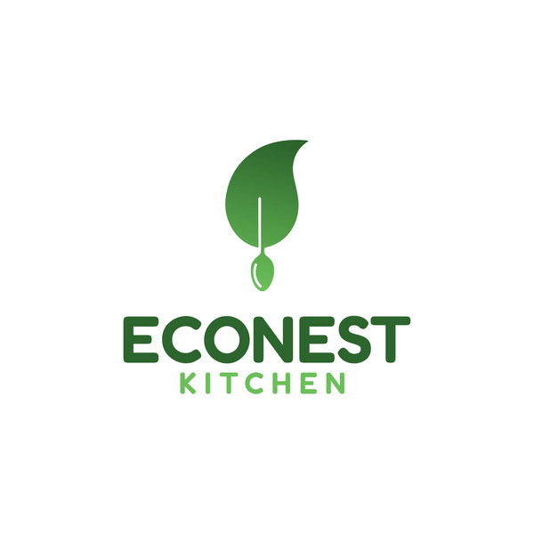 EcoNest Kitchen logo featuring a green leaf with a spoon incorporated, symbolizing sustainable, eco-friendly kitchenware and zero-waste living.