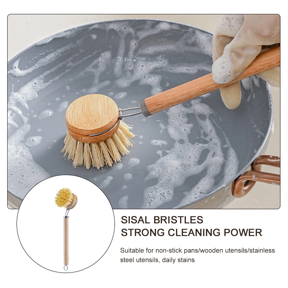 EcoNest Kitchen replaceable dish brush with a wooden handle, perfect for effective kitchen cleaning and stain removal.