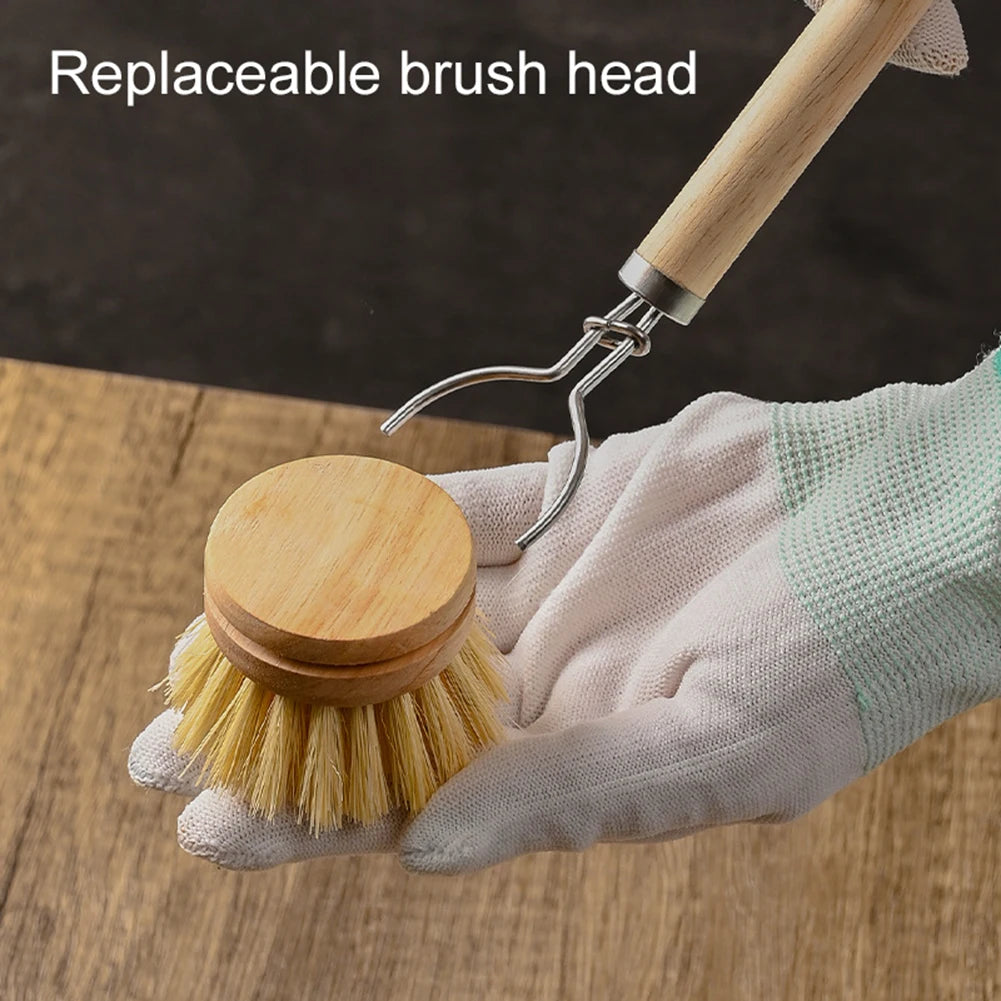 EcoNest Kitchen replaceable dish brush with a wooden handle, perfect for effective kitchen cleaning and stain removal.