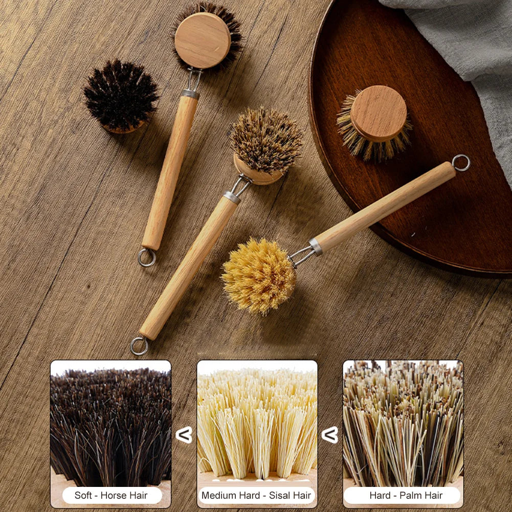 EcoNest Kitchen replaceable dish brush with a wooden handle, perfect for effective kitchen cleaning and stain removal.