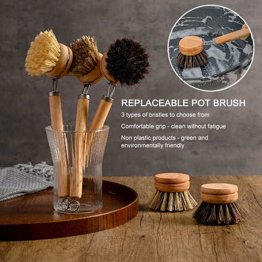 EcoNest Kitchen replaceable dish brush with a wooden handle, perfect for effective kitchen cleaning and stain removal.