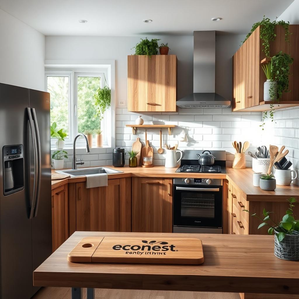 Modern kitchen with wooden cabinets, stainless steel appliances, and a cutting board with 'econest' branding.