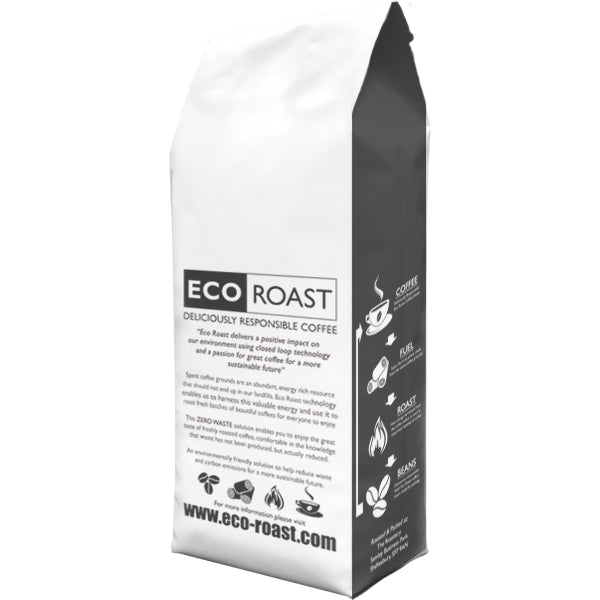 A 1kg bag of Eco Roast Blend #5 from EcoNest Kitchen's Whole Bean Barista Blends Collection, featuring 100% Arabica beans and a light, juicy roast with cranberry, sloe, and hibiscus notes.