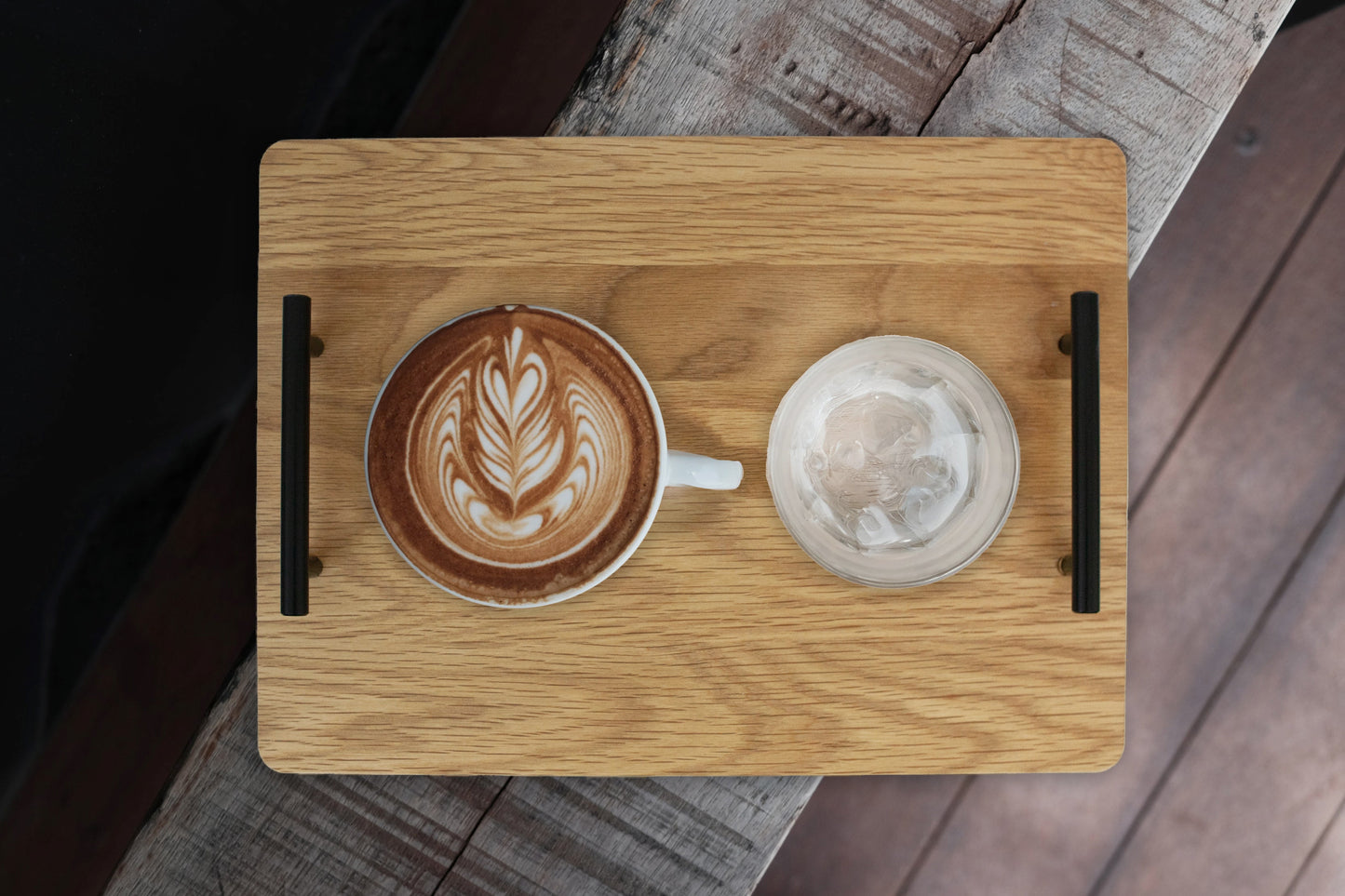 Handcrafted 15" x 11" Organic Hardwood Serving Tray in Oak with black metal handle