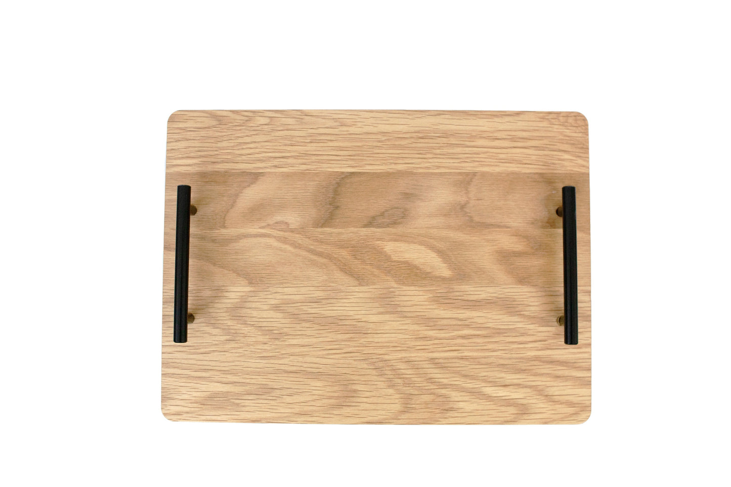 Handcrafted 15" x 11" Organic Hardwood Serving Tray in Oak with black metal handle