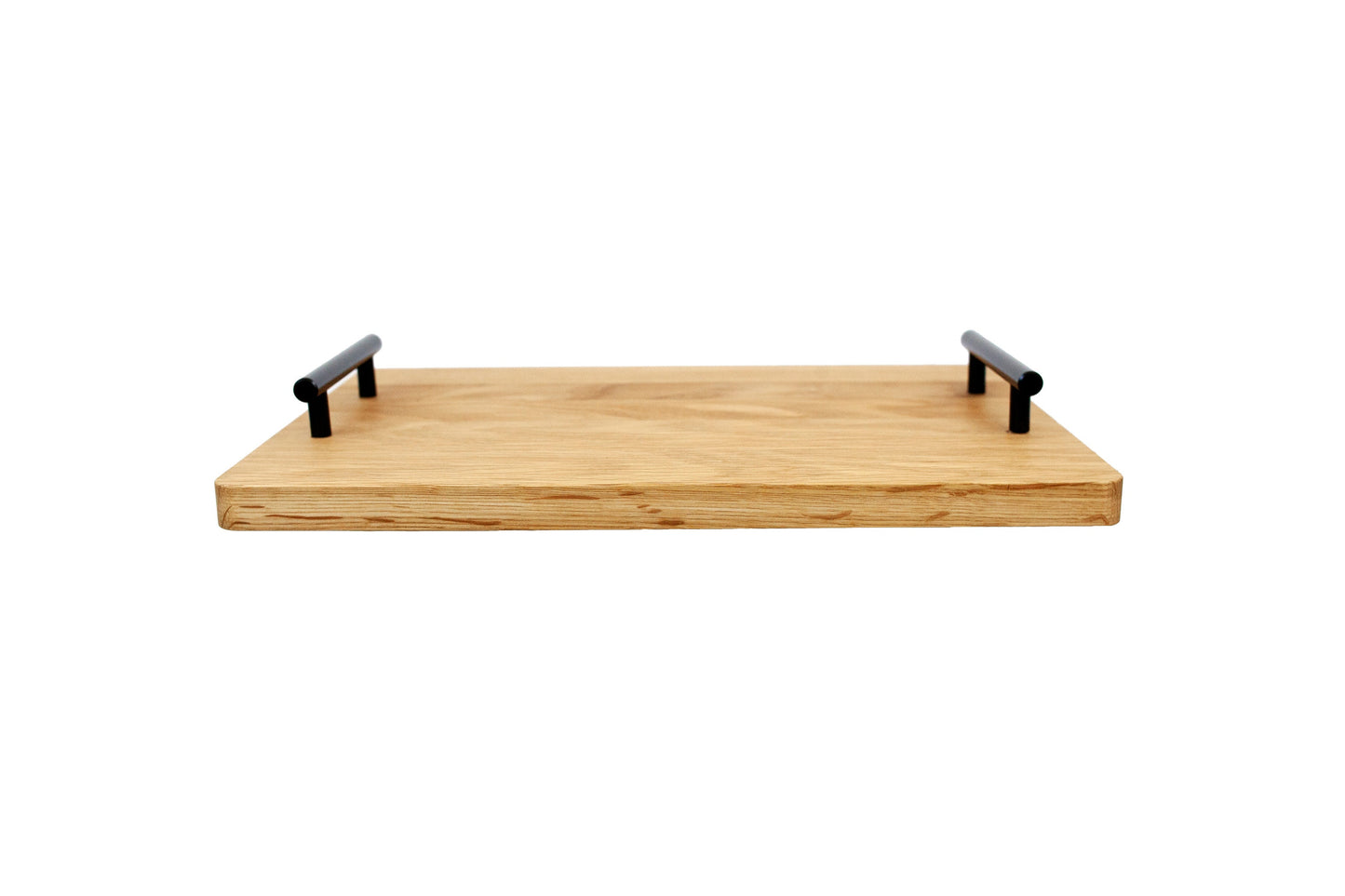 Handcrafted 15" x 11" Organic Hardwood Serving Tray in Oak with black metal handle