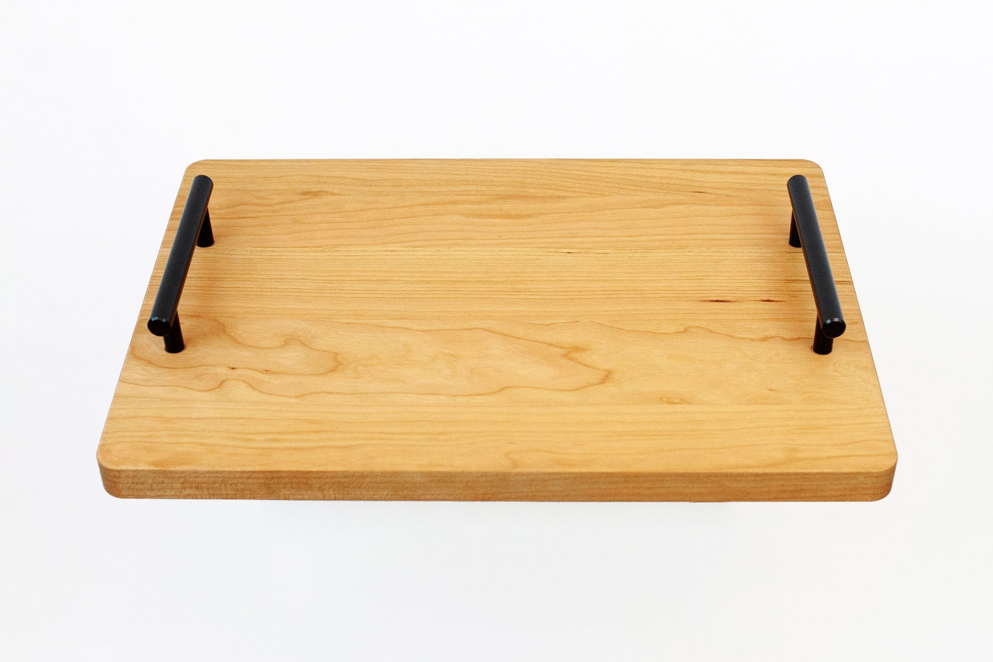 Handcrafted 15" x 11" Organic Hardwood Serving Tray in Oak with black metal handle