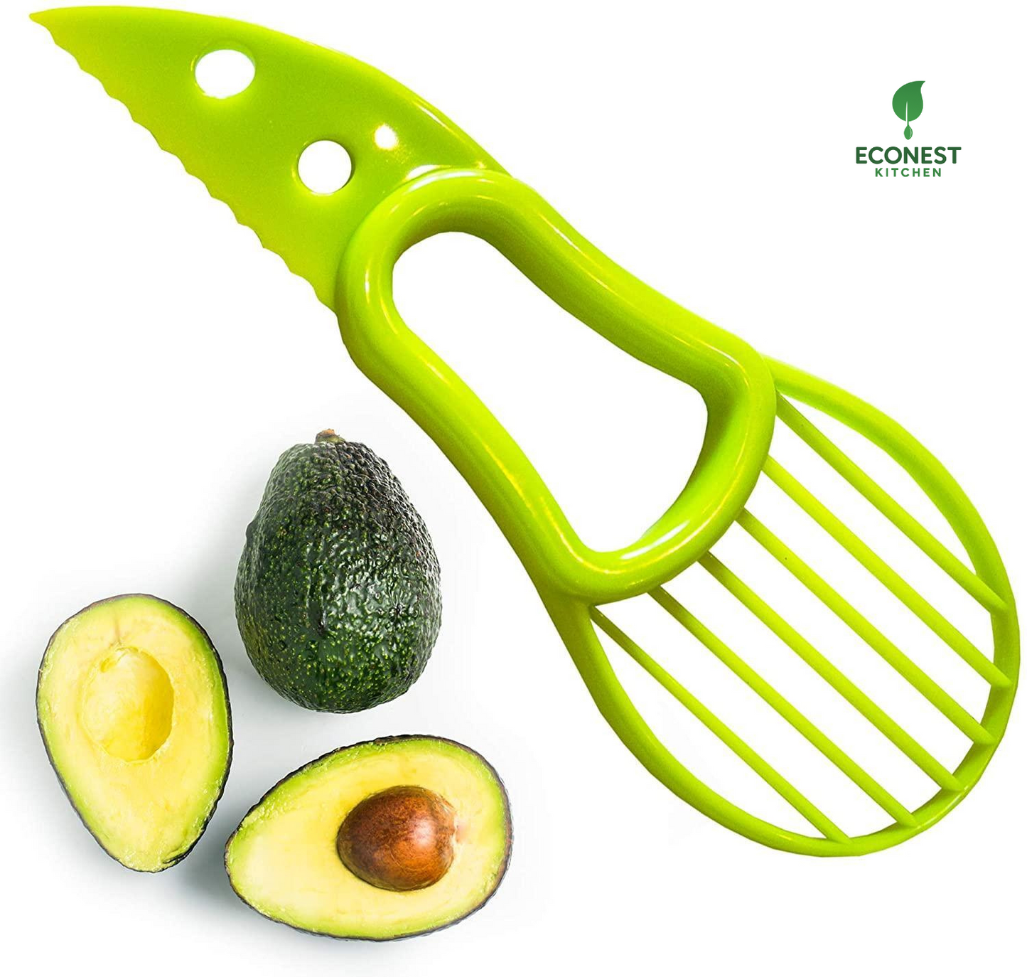 Green avocado slicer with avocados on a white background, featuring Econest Kitchen brand.