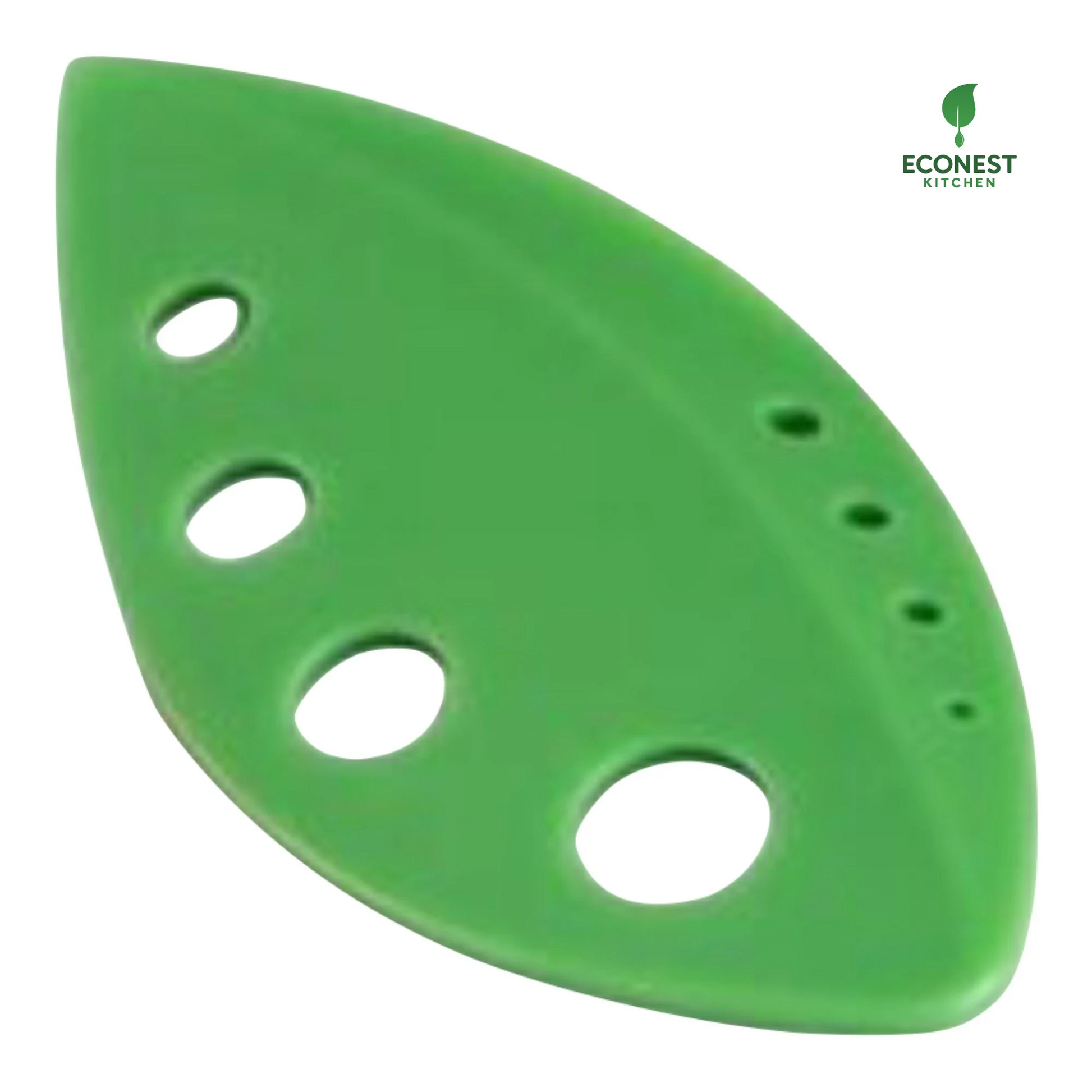 Green leaf-shaped kitchen tool with holes on a white background, featuring the Econest Kitchen logo.