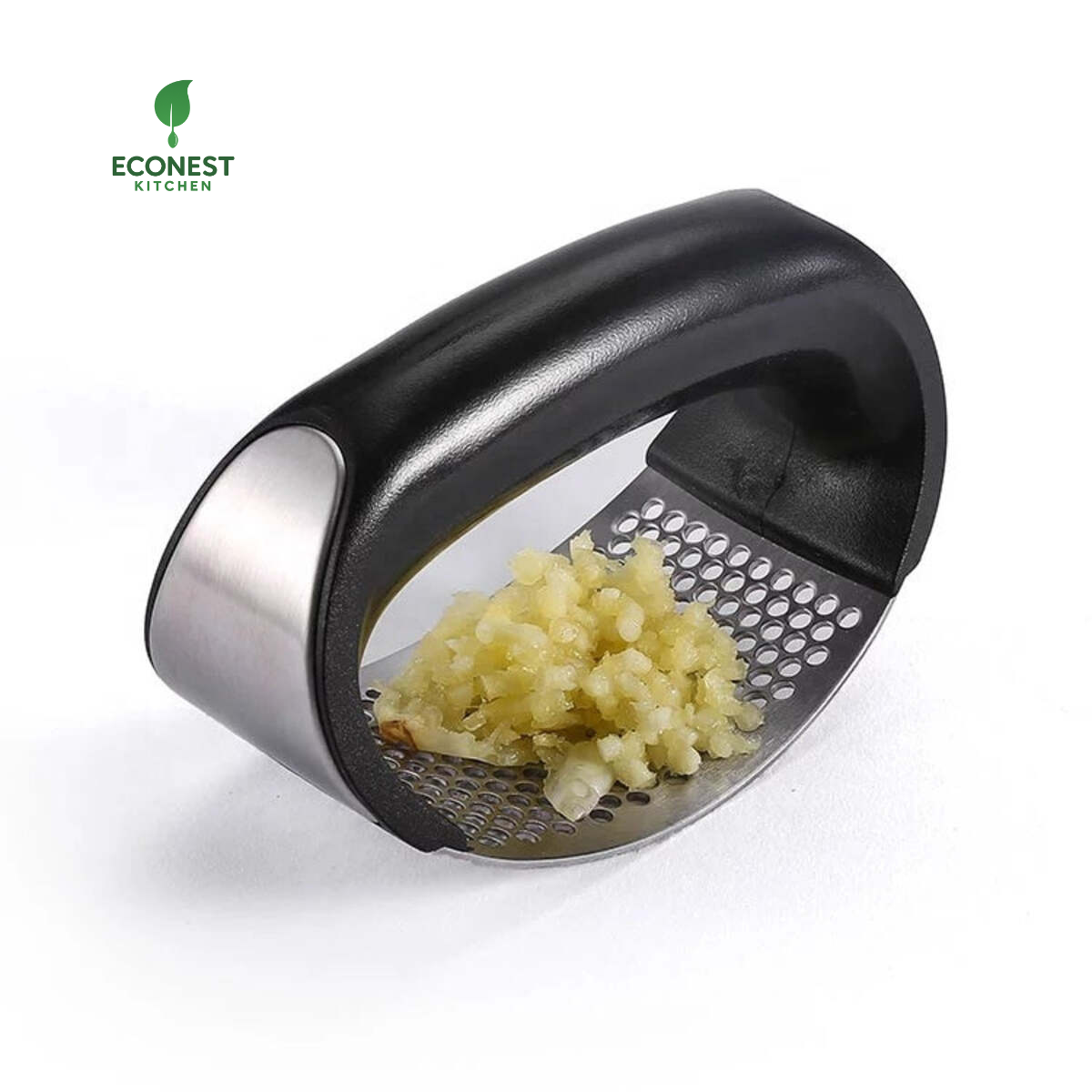 Garlic press with minced garlic on a white background, Econest Kitchen brand visible
