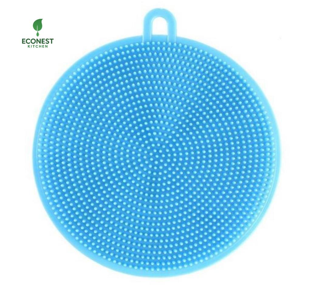 Blue silicone scrubber with handle on a white background, branded 'Econest Kitchen'.
