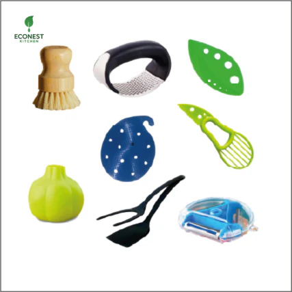 Set of kitchen utensils including a brush, grater, and various tools on a white background with Econest Kitchen branding.