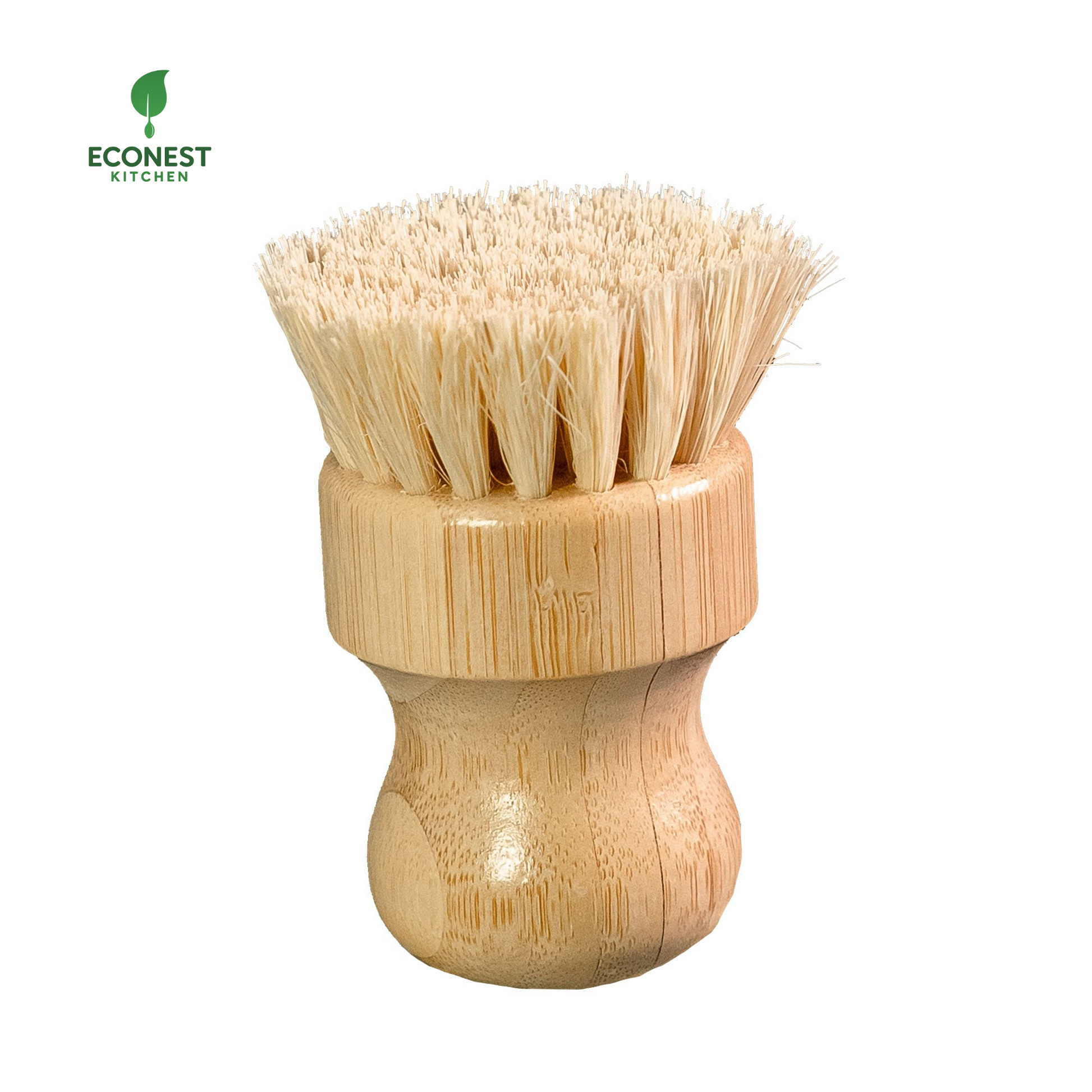 Bamboo dish brush with bristle head on a white background, Econest Kitchen brand visible.