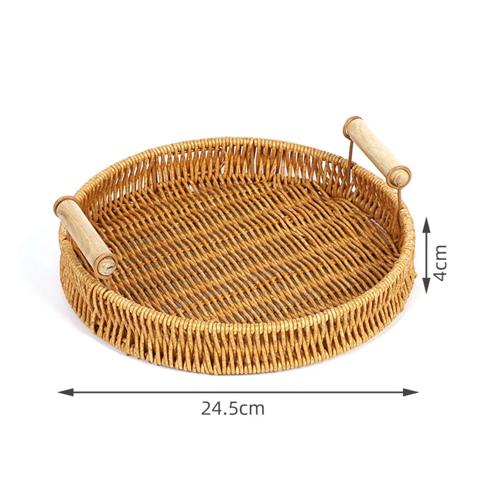 Wicker tray with handles and dimensions on a white background