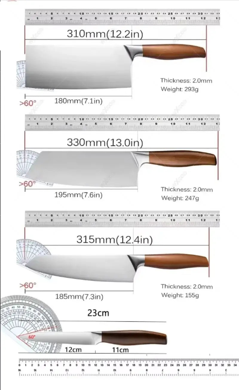 Japanese chef knife set with meat cleaver, stainless steel blades, wooden handles, eco-friendly and CE-certified for precision cooking.