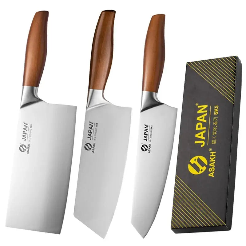 Japanese chef knife set with meat cleaver, stainless steel blades, wooden handles, eco-friendly and CE-certified for precision cooking.