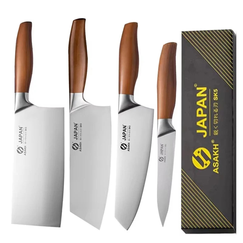 Japanese chef knife set with meat cleaver, stainless steel blades, wooden handles, eco-friendly and CE-certified for precision cooking.