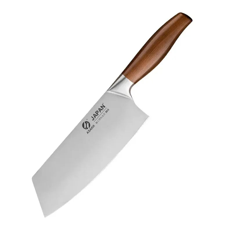 Japanese chef knife set with meat cleaver, stainless steel blades, wooden handles, eco-friendly and CE-certified for precision cooking.