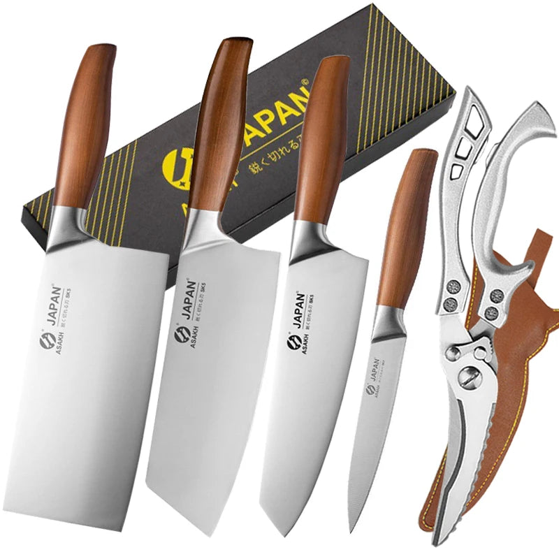 Japanese chef knife set with meat cleaver, stainless steel blades, wooden handles, eco-friendly and CE-certified for precision cooking.