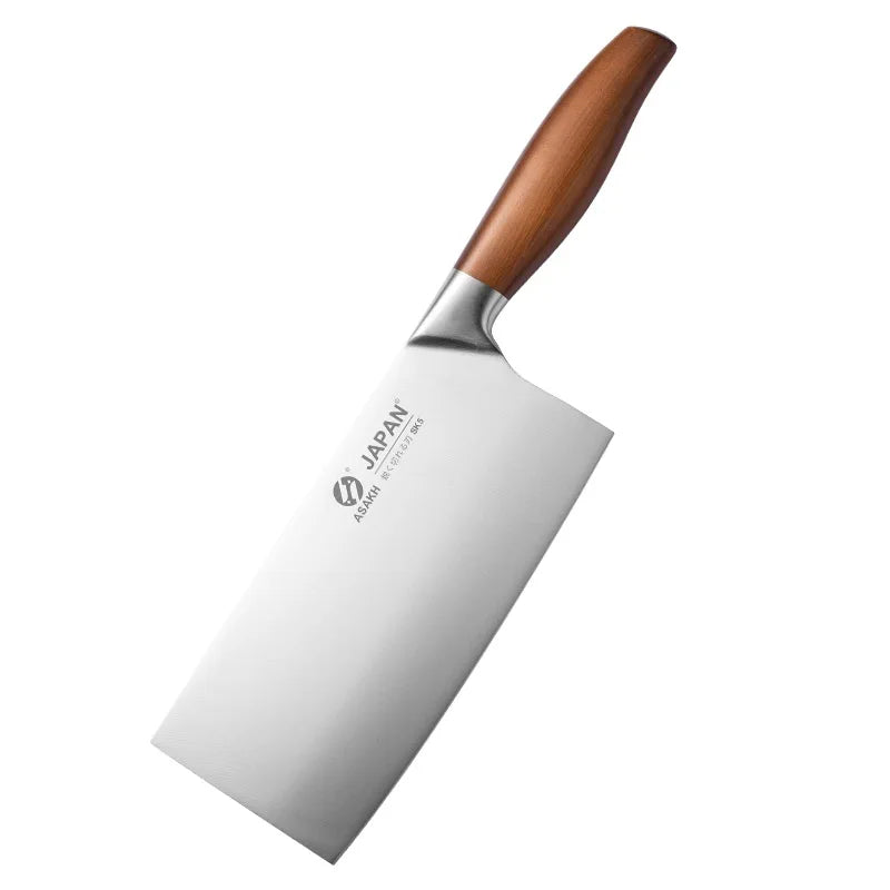 Japanese chef knife set with meat cleaver, stainless steel blades, wooden handles, eco-friendly and CE-certified for precision cooking.