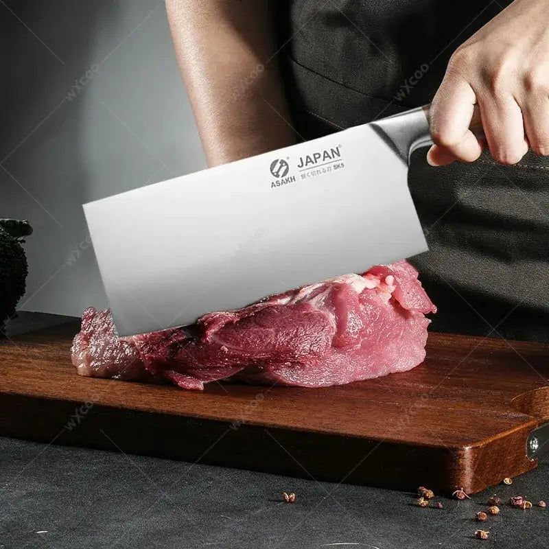 Japanese chef knife set with meat cleaver, stainless steel blades, wooden handles, eco-friendly and CE-certified for precision cooking.