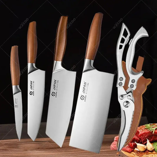 Japanese chef knife set with meat cleaver, stainless steel blades, wooden handles, eco-friendly and CE-certified for precision cooking.