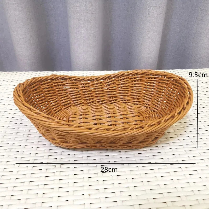 Wicker basket with dimensions on a white surface and gray curtain background