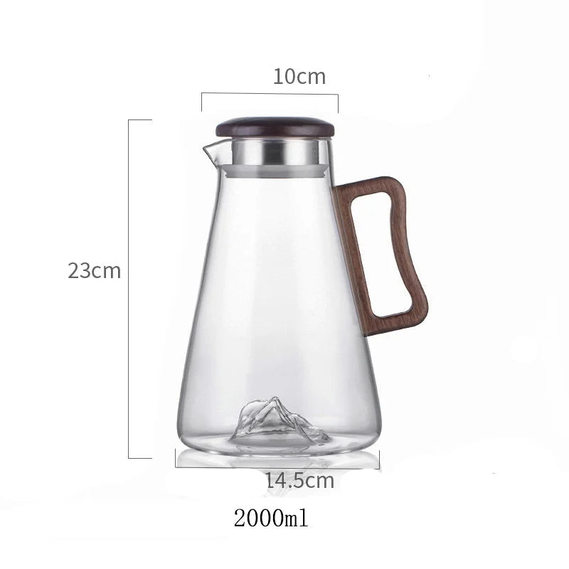 Large capacity 2000ML glass water jug with wooden handle and filter lid, heat-resistant and eco-friendly for hot or cold drinks.