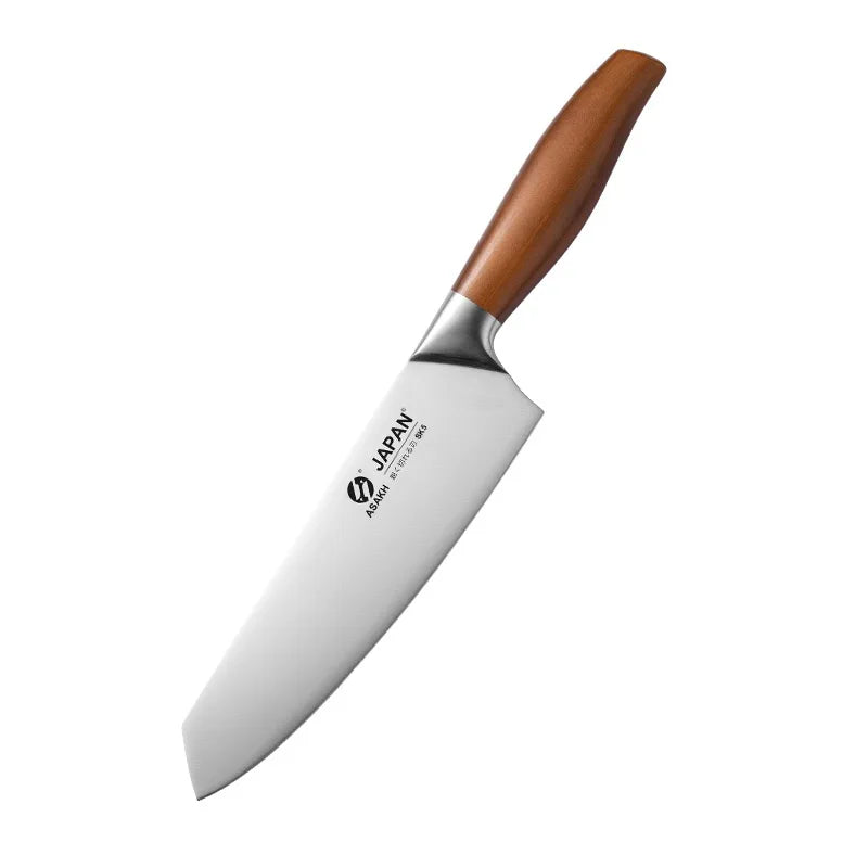Japanese chef knife set with meat cleaver, stainless steel blades, wooden handles, eco-friendly and CE-certified for precision cooking.