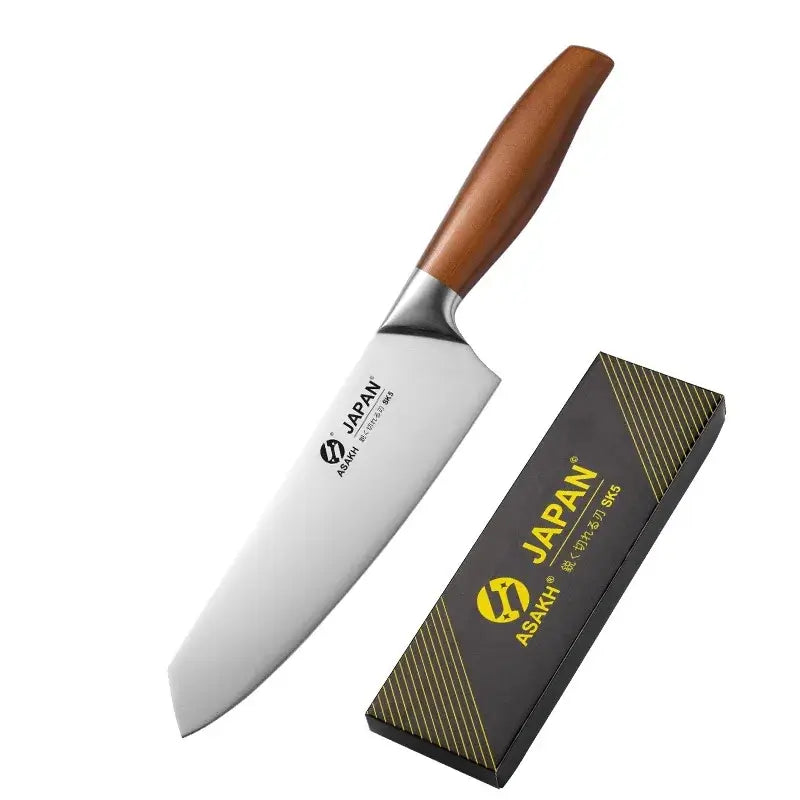Japanese chef knife set with meat cleaver, stainless steel blades, wooden handles, eco-friendly and CE-certified for precision cooking.