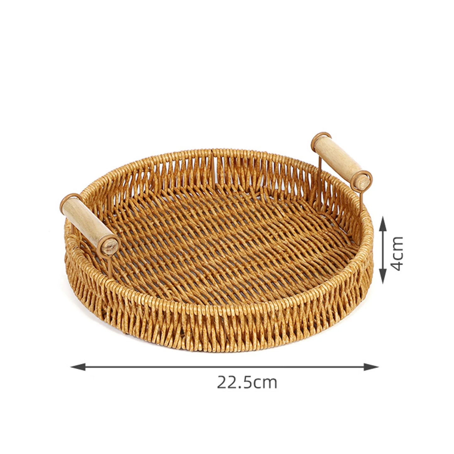 Wicker tray with handles and dimensions on a white background