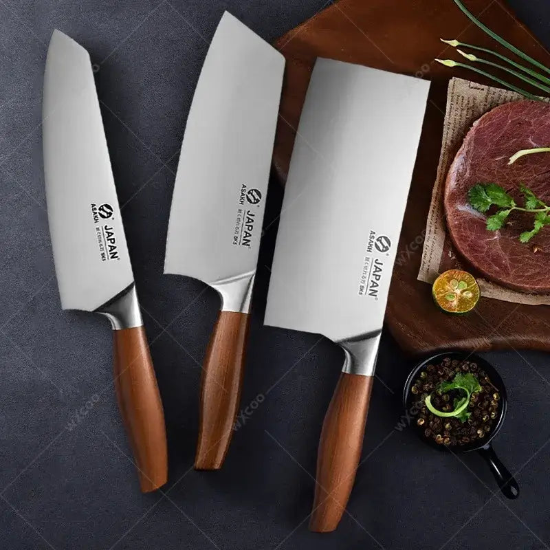 Japanese chef knife set with meat cleaver, stainless steel blades, wooden handles, eco-friendly and CE-certified for precision cooking.