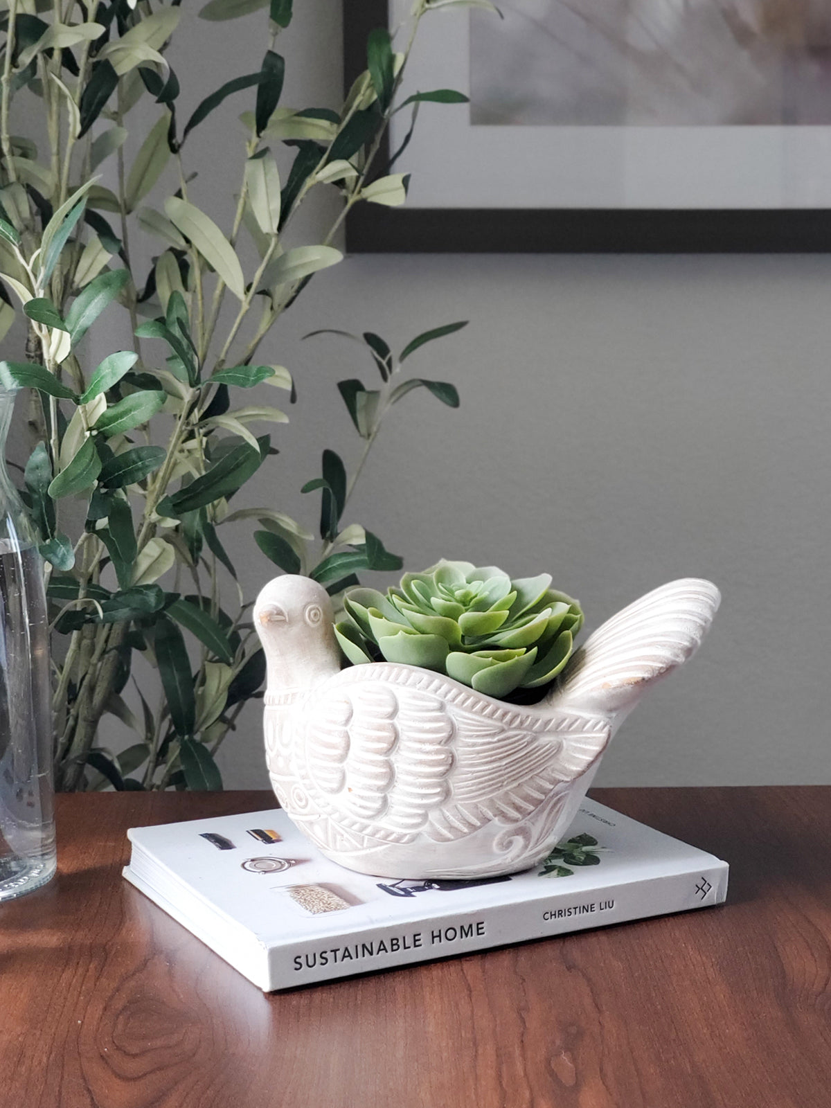 Terracotta Pot - Turtle Dove filled with succulents on a table, showcasing eco-friendly design and natural materials.
