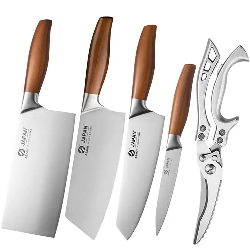 Japanese chef knife set with meat cleaver, stainless steel blades, wooden handles, eco-friendly and CE-certified for precision cooking.