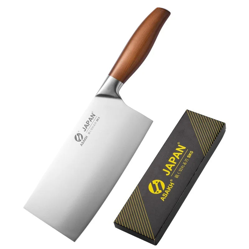 Japanese chef knife set with meat cleaver, stainless steel blades, wooden handles, eco-friendly and CE-certified for precision cooking.